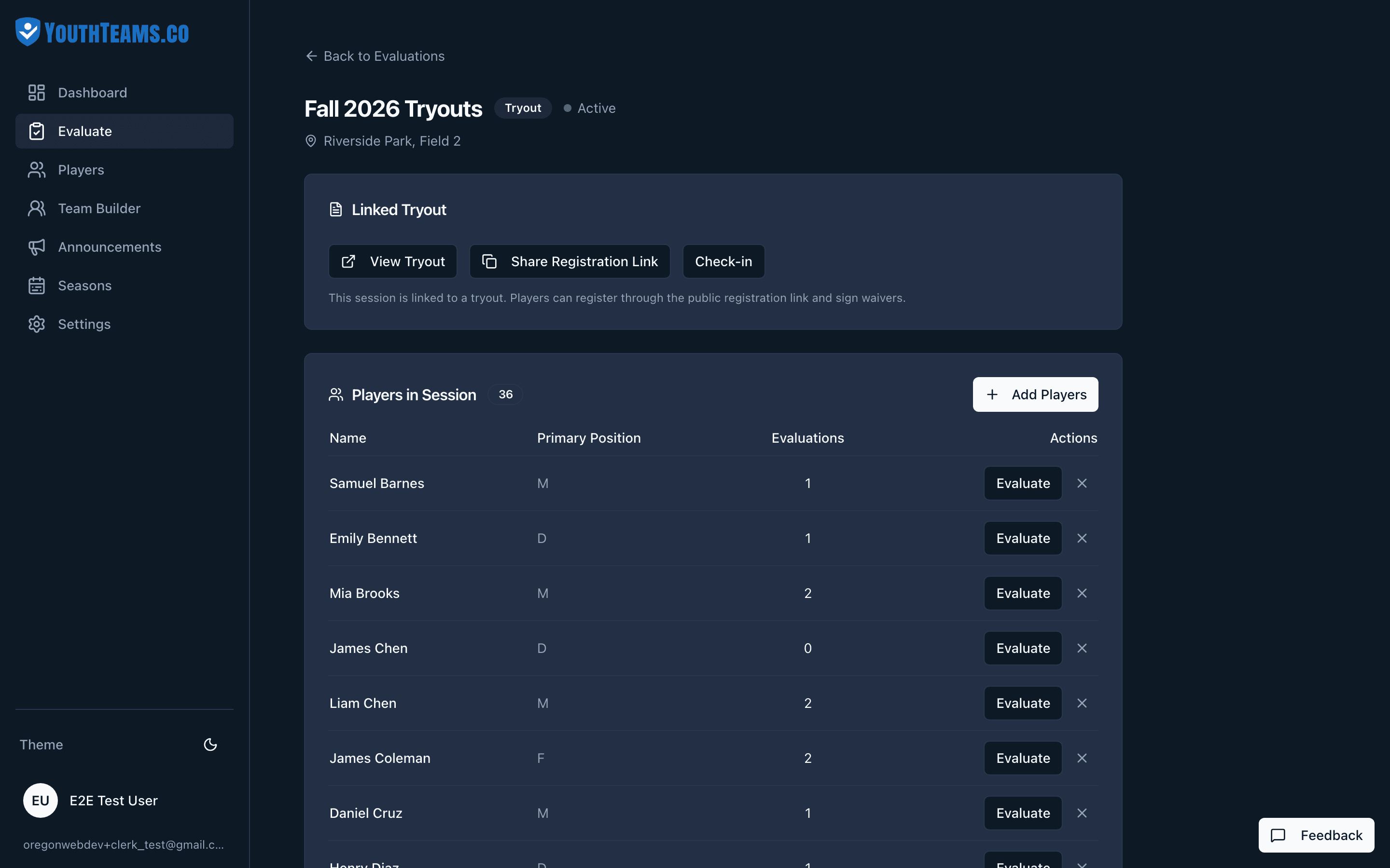 Evaluation session hub with 28 players, positions, and evaluate actions