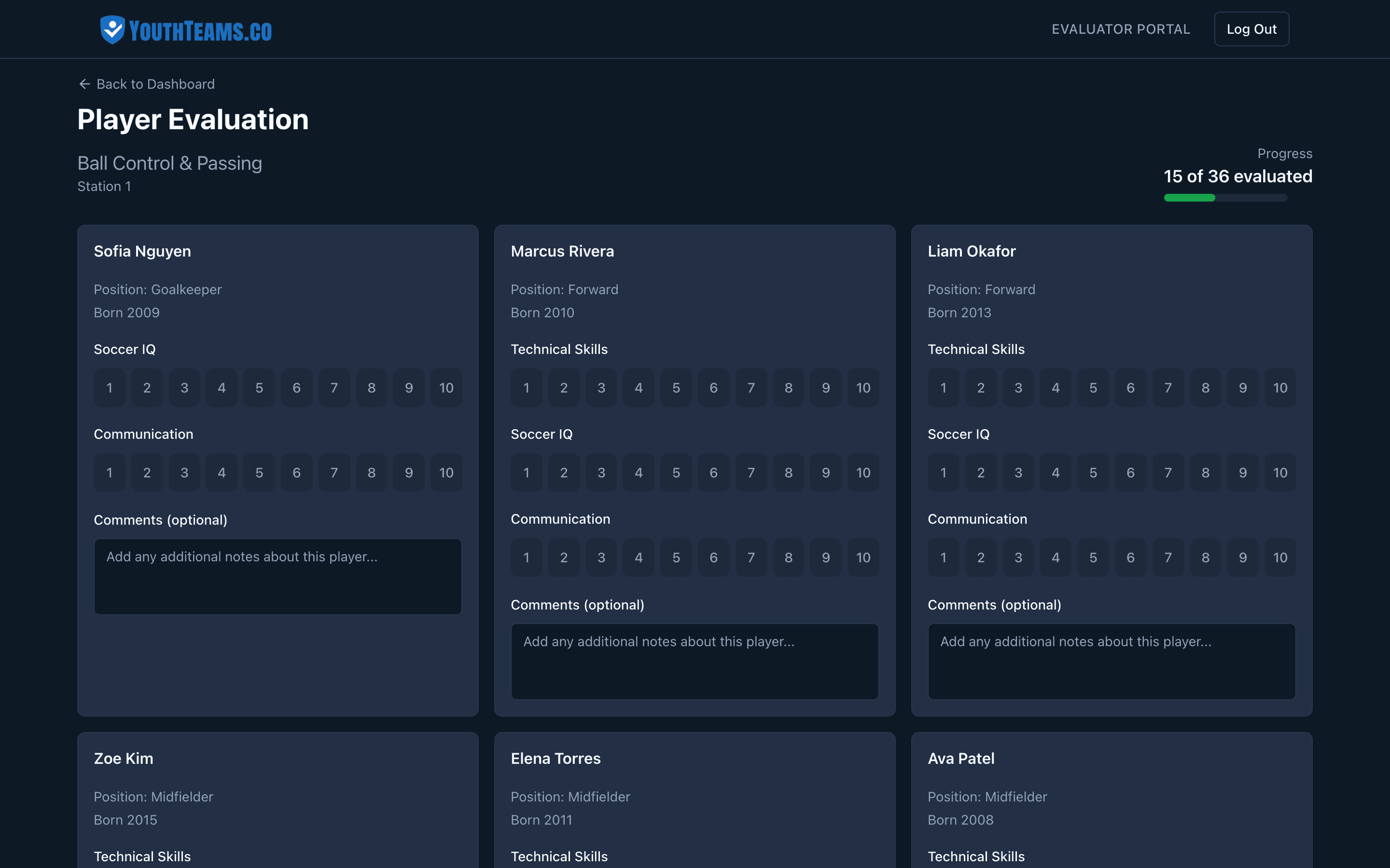 Mobile-friendly evaluator station showing player rating controls