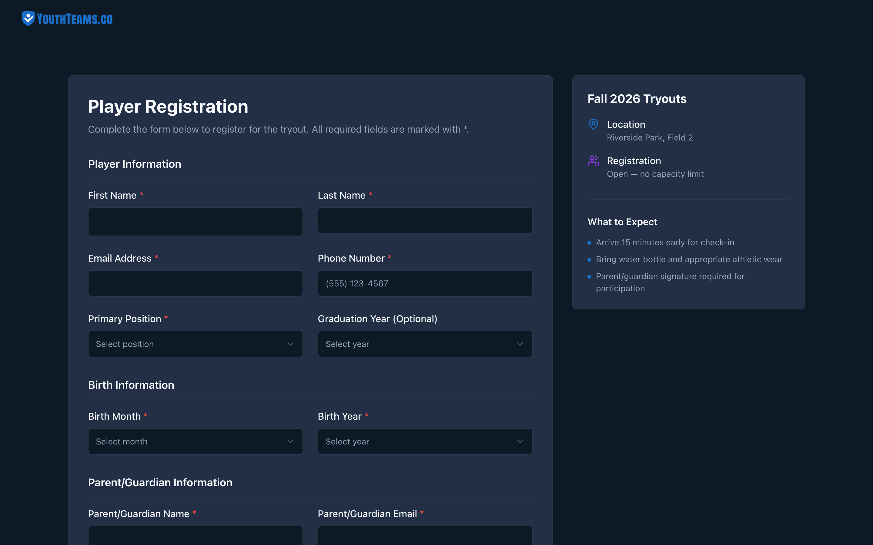 Public youth sports tryout registration form on YouthTeams
