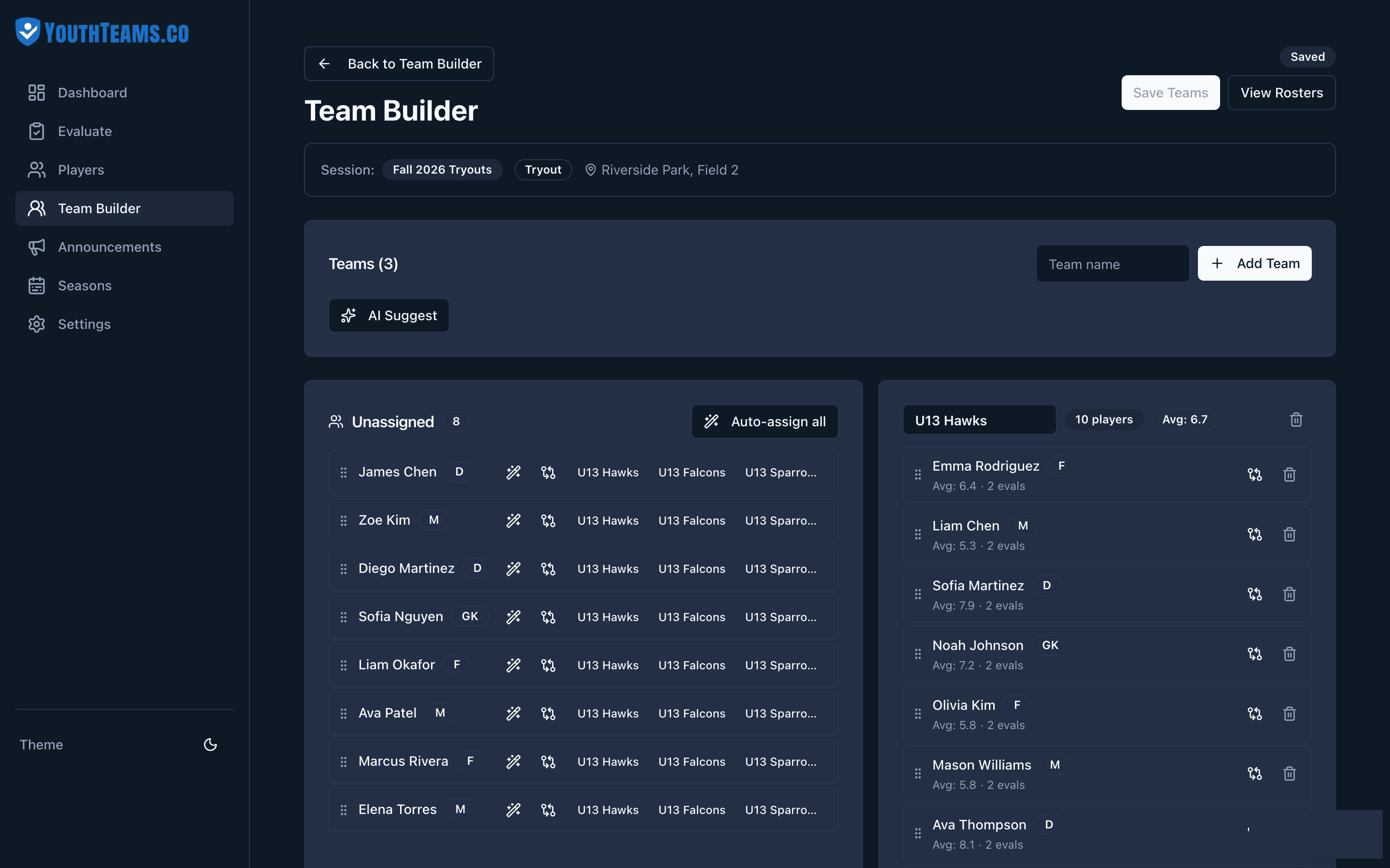 AI Team Builder with filled roster and average ratings
