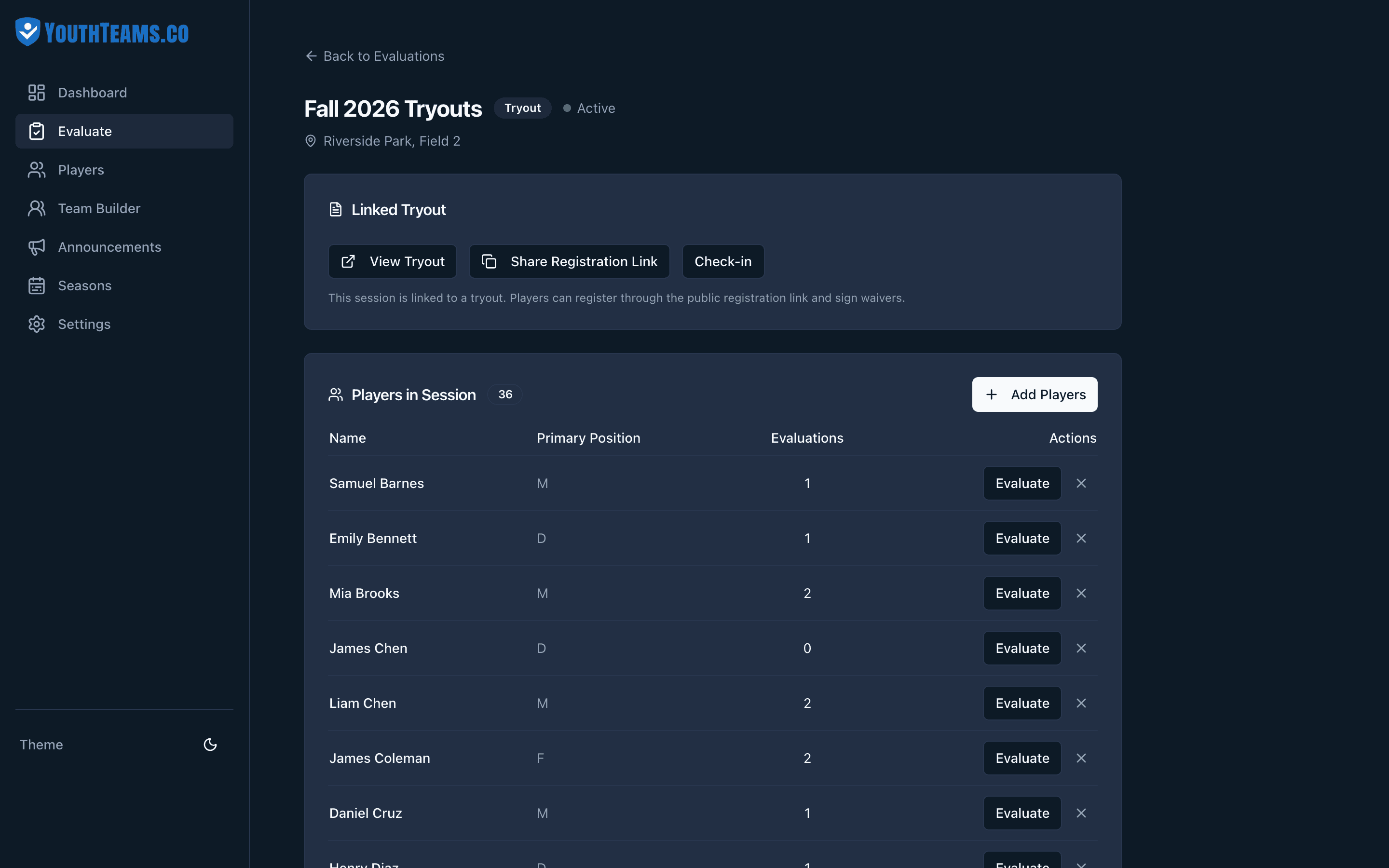 Evaluation session hub with players, positions, and evaluate actions