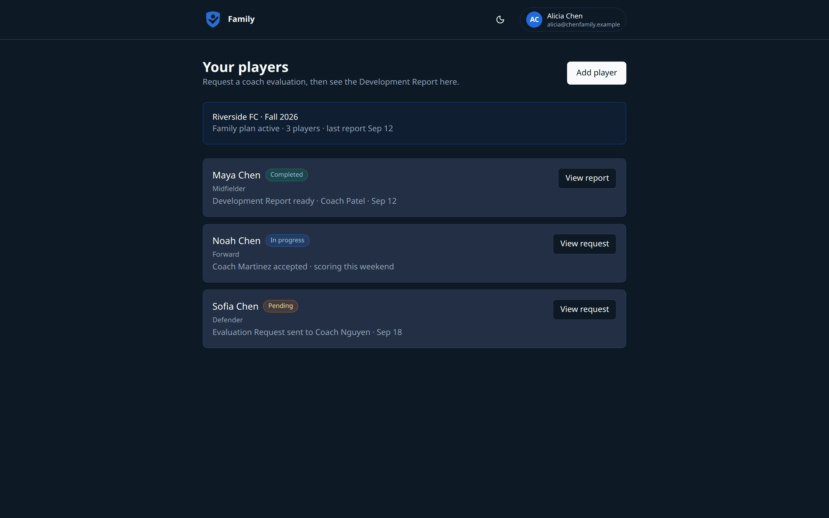 Family home showing multiple players with Evaluation Request statuses